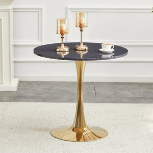 English Elm Round Faux Marble Tulip Dining Table Mid Century Pedestal Base Seats Four Compact W2920P480516