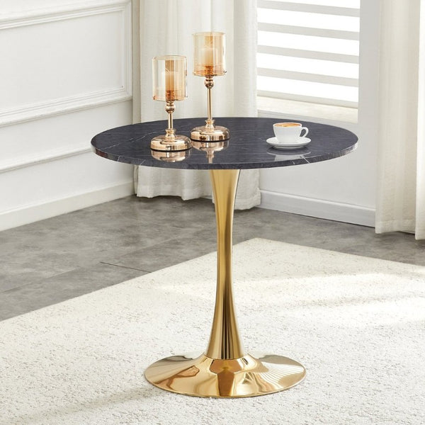 English Elm Round Faux Marble Tulip Dining Table Mid Century Pedestal Base Seats Four Compact W2920P480516