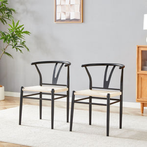 English Elm Wesborn Iron Dining Chair Set of 2 with Woven Rope Seat and Y Back Wishbone Frame W2920P483791