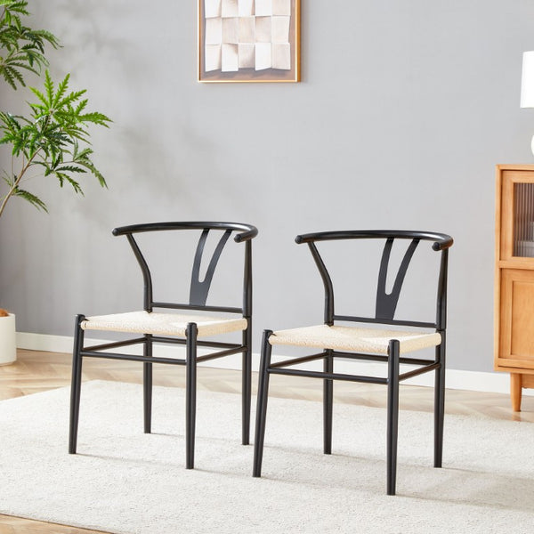 English Elm Wesborn Iron Dining Chair Set of 2 with Woven Rope Seat and Y Back Wishbone Frame W2920P483791