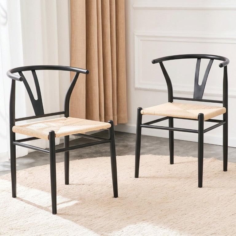 English Elm Wesborn Iron Dining Chair Set of 2 with Woven Rope Seat and Y Back Wishbone Frame W2920P483791