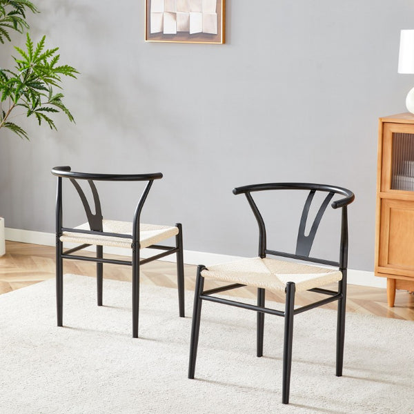 English Elm Wesborn Iron Dining Chair Set of 2 with Woven Rope Seat and Y Back Wishbone Frame W2920P483791