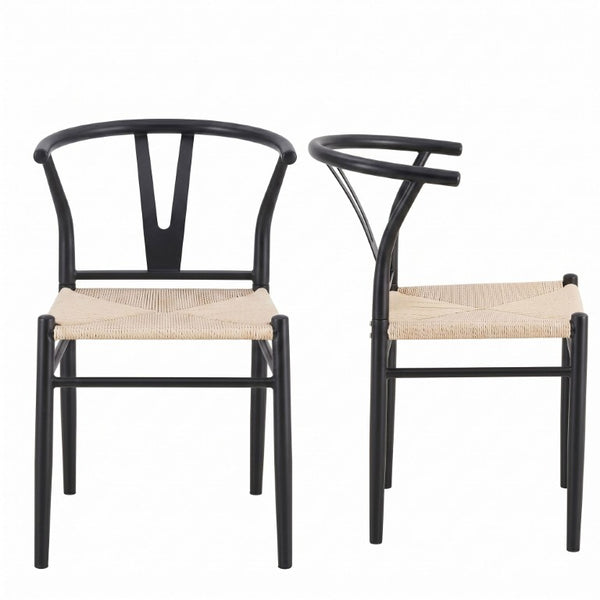 English Elm Wesborn Iron Dining Chair Set of 2 with Woven Rope Seat and Y Back Wishbone Frame W2920P483791