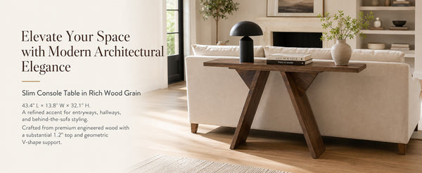English Elm Console Table Slim V-base Entryway Sofa Desk Mid-century Engineered Wood Hallway W2920P494443