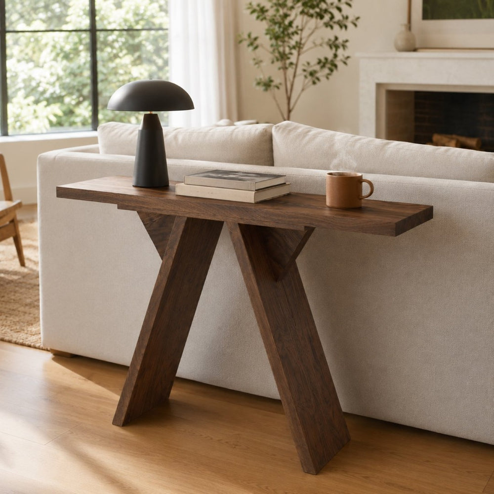 English Elm Console Table Slim V-base Entryway Sofa Desk Mid-century Engineered Wood Hallway W2920P494443