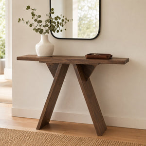 English Elm Console Table Slim V-base Entryway Sofa Desk Mid-century Engineered Wood Hallway W2920P494443