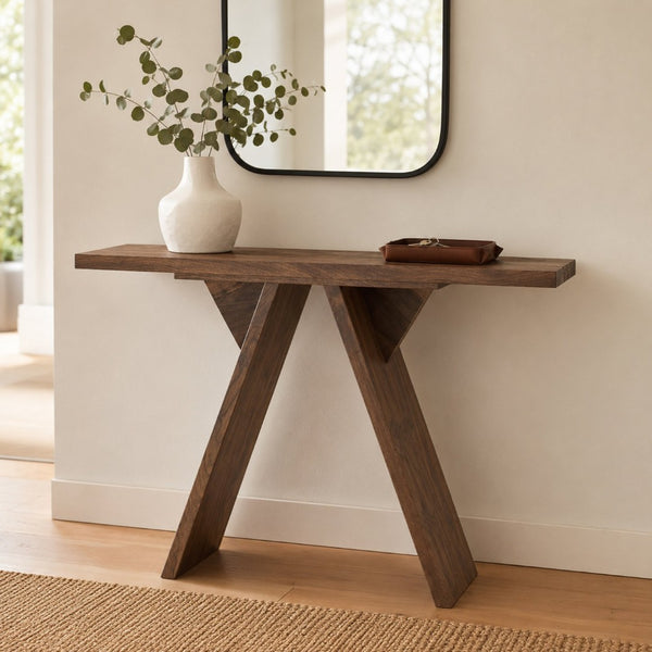 English Elm Console Table Slim V-base Entryway Sofa Desk Mid-century Engineered Wood Hallway W2920P494443