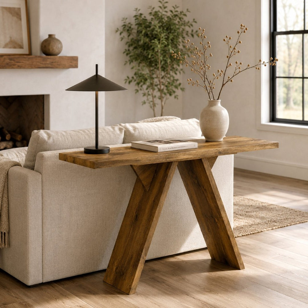 English Elm Console Table Slim V-base Entryway Piece with Wood Grain Finish for Modern Hallway Decor W2920P494444