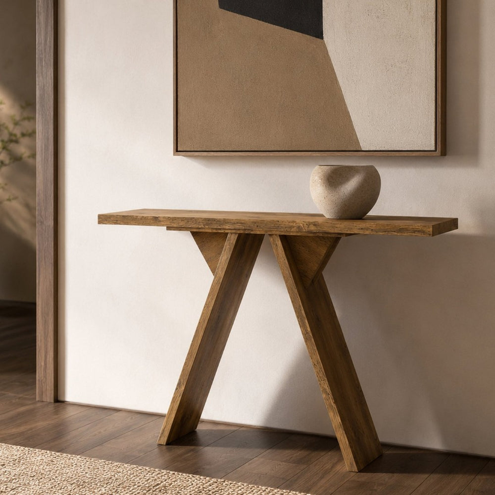 English Elm Console Table Slim V-base Entryway Piece with Wood Grain Finish for Modern Hallway Decor W2920P494444