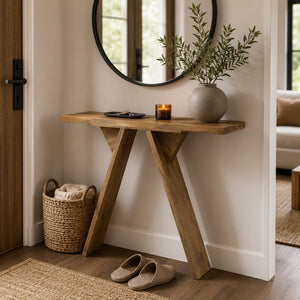 English Elm Console Table Slim V-base Entryway Piece with Wood Grain Finish for Modern Hallway Decor W2920P494444