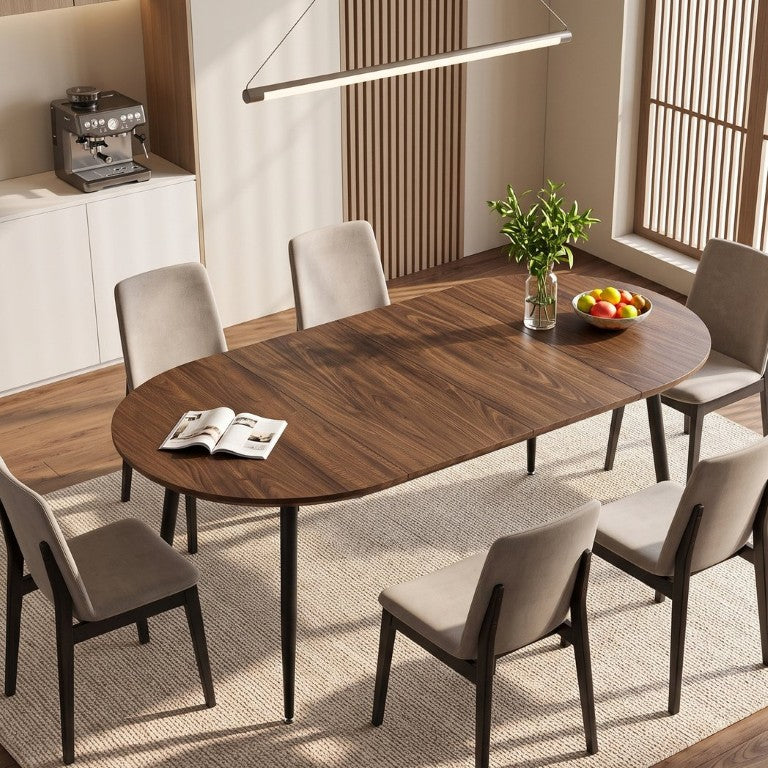 English Elm 3-In-1 Extendable Oval Dining Table Walnut MDF Top Steel Legs Seats up to 8 W2920P496516