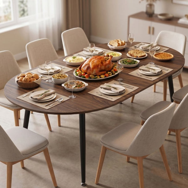English Elm 3-In-1 Extendable Oval Dining Table Walnut MDF Top Steel Legs Seats up to 8 W2920P496516
