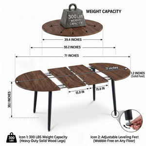 English Elm 3-In-1 Extendable Oval Dining Table Walnut MDF Top Steel Legs Seats up to 8 W2920P496516