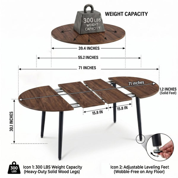 English Elm 3-In-1 Extendable Oval Dining Table Walnut MDF Top Steel Legs Seats up to 8 W2920P496516