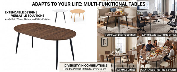 English Elm 3-In-1 Extendable Oval Dining Table Walnut MDF Top Steel Legs Seats up to 8 W2920P496516