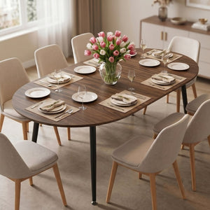 English Elm 3-In-1 Extendable Oval Dining Table Walnut MDF Top Steel Legs Seats up to 8 W2920P496516