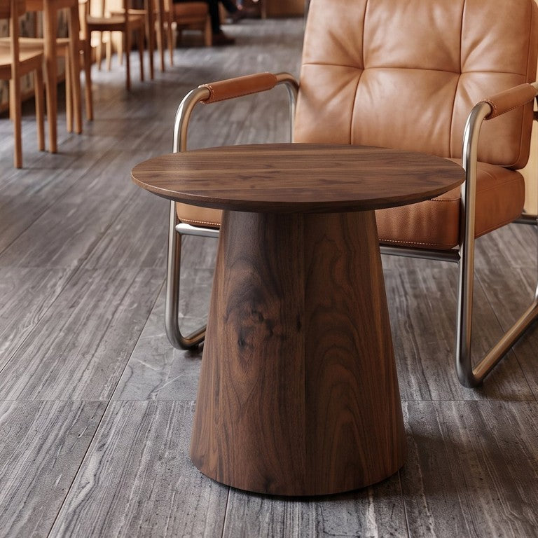 English Elm Walnut Grain Round Side Table Compact MDF Accent for Living Room or Bedroom Corner W2920P499489