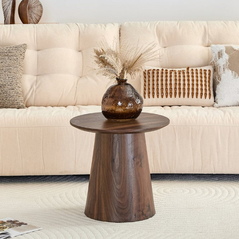 English Elm Walnut Grain Round Side Table Compact MDF Accent for Living Room or Bedroom Corner W2920P499489