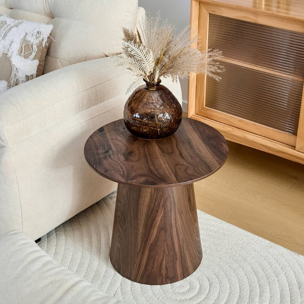 English Elm Walnut Grain Round Side Table Compact MDF Accent for Living Room or Bedroom Corner W2920P499489