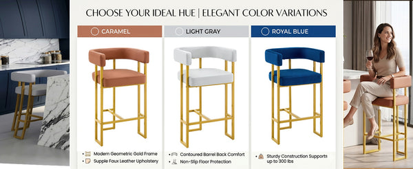 English Elm Modern Upholstered Counter Barstools Set of 2 with Gold Steel Frame and Cushioned Seat W2920P503346