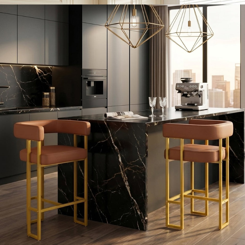 English Elm Modern Upholstered Counter Barstools Set of 2 with Gold Steel Frame and Cushioned Seat W2920P503346