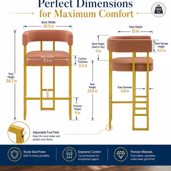 English Elm Modern Upholstered Counter Barstools Set of 2 with Gold Steel Frame and Cushioned Seat W2920P503346