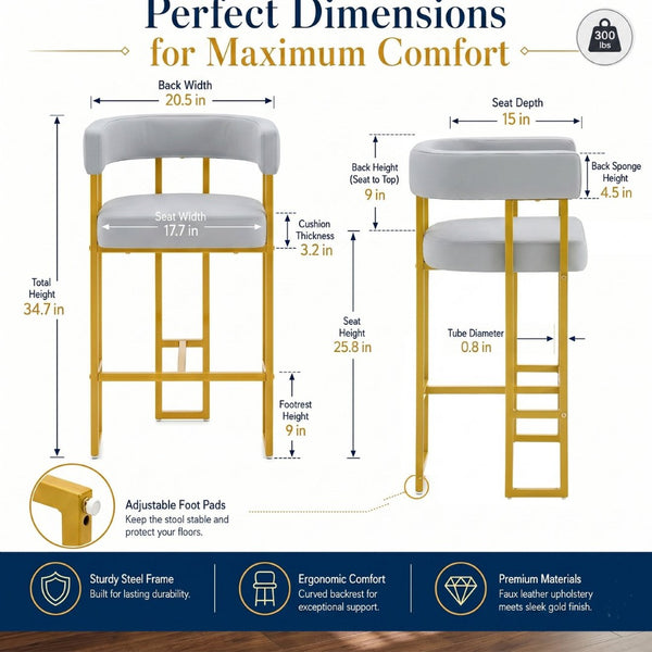 English Elm Modern Faux Leather Counter Barstools Set of 2 Gold Frame Upholstered Kitchen Seating W2920P503347