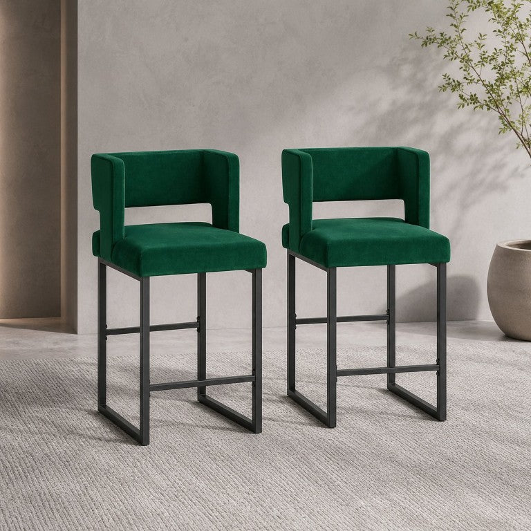 English Elm Modern Green Velvet Barstools Set of Two with Ergonomic Foam Seat and Geometric Legs W2920P505152