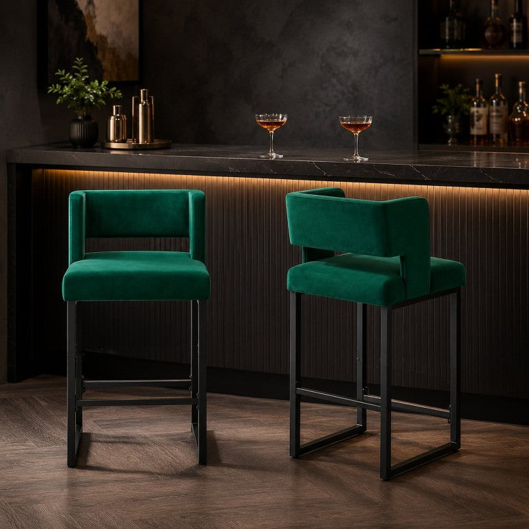 English Elm Modern Green Velvet Barstools Set of Two with Ergonomic Foam Seat and Geometric Legs W2920P505152