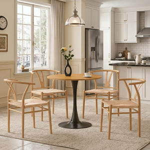 English Elm Mid-Century Wishbone Dining Chair Set of 4 with Woven Paper Rope Seat and Steel Frame W2920P521389