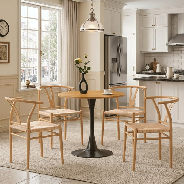 English Elm Mid-Century Wishbone Dining Chair Set of 4 with Woven Paper Rope Seat and Steel Frame W2920P521389