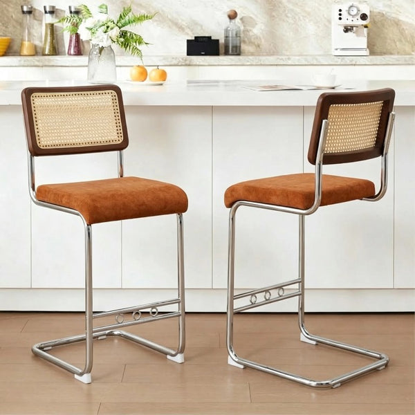 English Elm Natural Rattan Backrest Counter Stools with Velvet Seats and Polished Chrome Legs 2-Piece Set W2920P531132