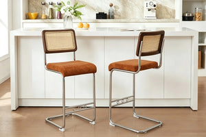 English Elm Natural Rattan Backrest Counter Stools with Velvet Seats and Polished Chrome Legs 2-Piece Set W2920P531132