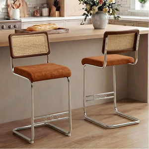 English Elm Natural Rattan Backrest Counter Stools with Velvet Seats and Polished Chrome Legs 2-Piece Set W2920P531132