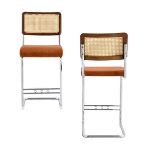 English Elm Natural Rattan Backrest Counter Stools with Velvet Seats and Polished Chrome Legs 2-Piece Set W2920P531132