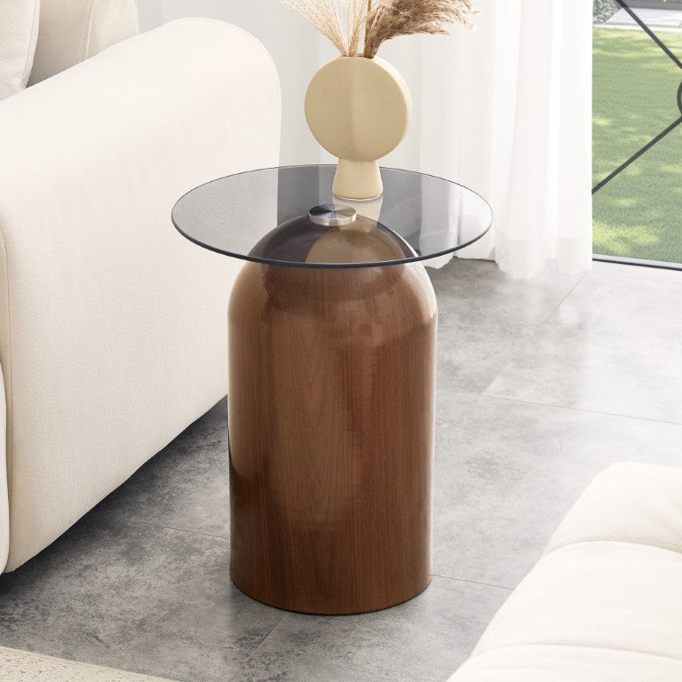 English Elm Small Round Tempered Glass Coffee Table Walnut Base Mid Century Modern Living Room W2920P535074