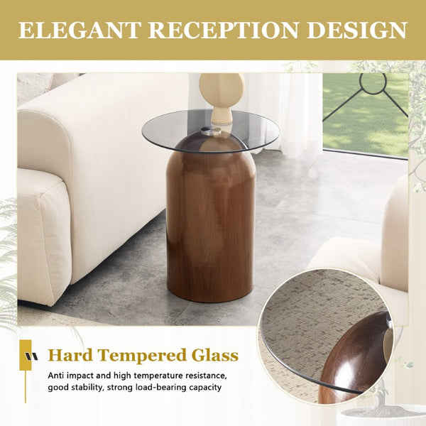 English Elm Small Round Tempered Glass Coffee Table Walnut Base Mid Century Modern Living Room W2920P535074