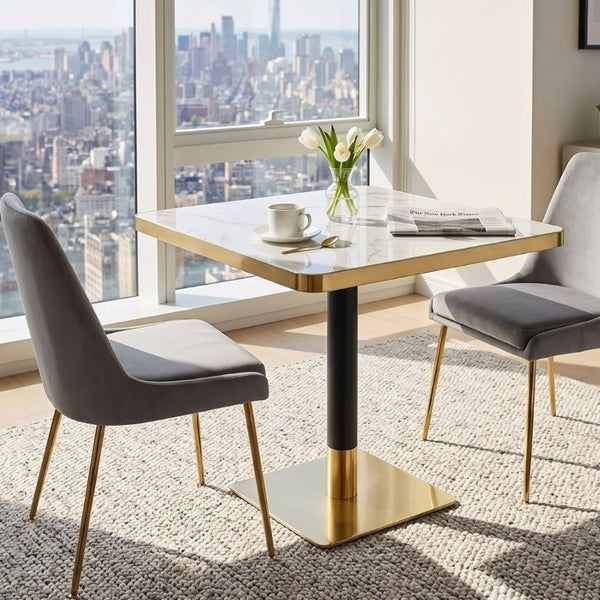 English Elm Modern Faux Marble Bistro Table with Steel Pedestal Base for Cafe or Kitchen Nooks Black, Gold & White W2920P536984