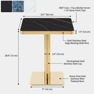 English Elm 24 Inch Square Bistro Table Faux Marble Glam Pedestal Base for Cafe or Studio W2920P537000