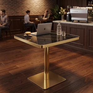 English Elm 24 Inch Square Bistro Table Faux Marble Glam Pedestal Base for Cafe or Studio W2920P537000