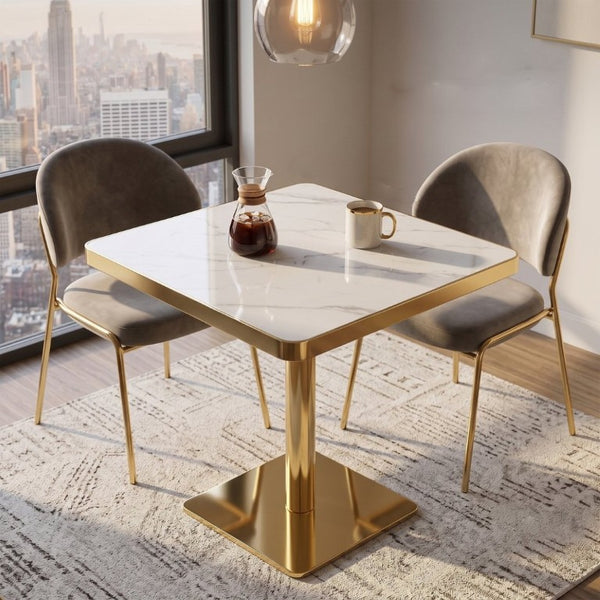 English Elm Modern Faux Marble Bistro Table with Steel Pedestal Base for Cafe or Kitchen Nooks Gold & White W2920P537001