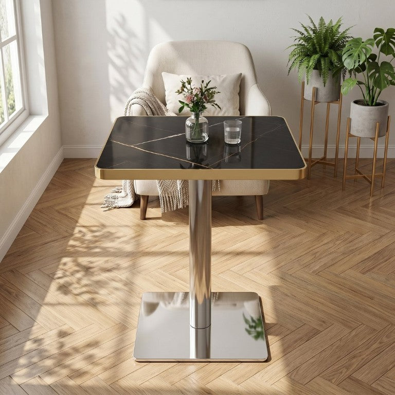 English Elm Modern Agate Marble Bistro Table Glossy MDF Top Gold Steel Edge Pedestal Base Black + Silver W2920P537003