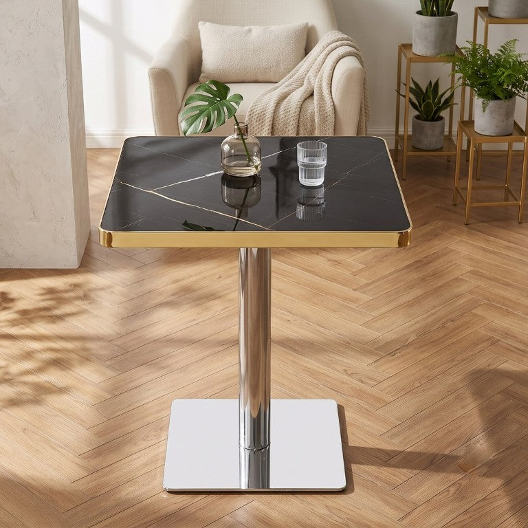 English Elm Modern Agate Marble Bistro Table Glossy MDF Top Gold Steel Edge Pedestal Base Black + Silver W2920P537003