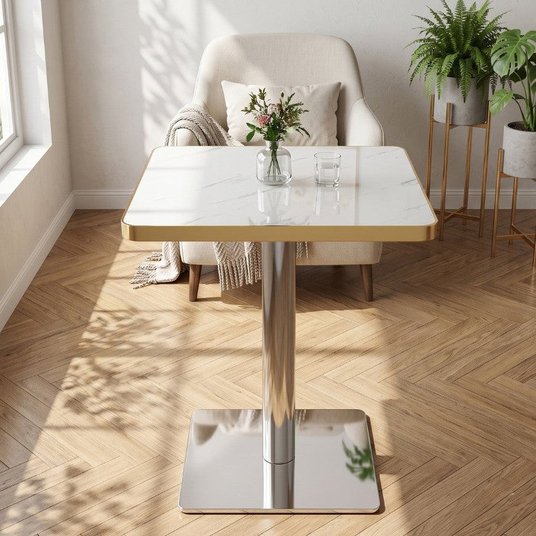 English Elm 24 Inch Faux Marble Bistro Table Gloss UV Finish Gold Trim Pedestal Base Seats 2 W2920P537004