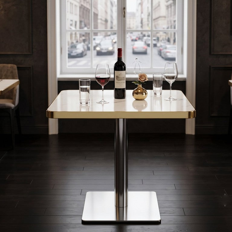 English Elm 24 Inch Faux Marble Bistro Table Gloss UV Finish Gold Trim Pedestal Base Seats 2 W2920P537004