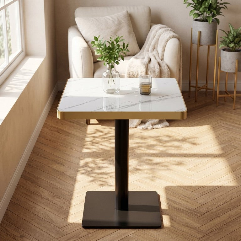 English Elm Modern Marble Look Square Bistro Table Gold Steel Edge Glossy Top for Small Spaces W2920P537006