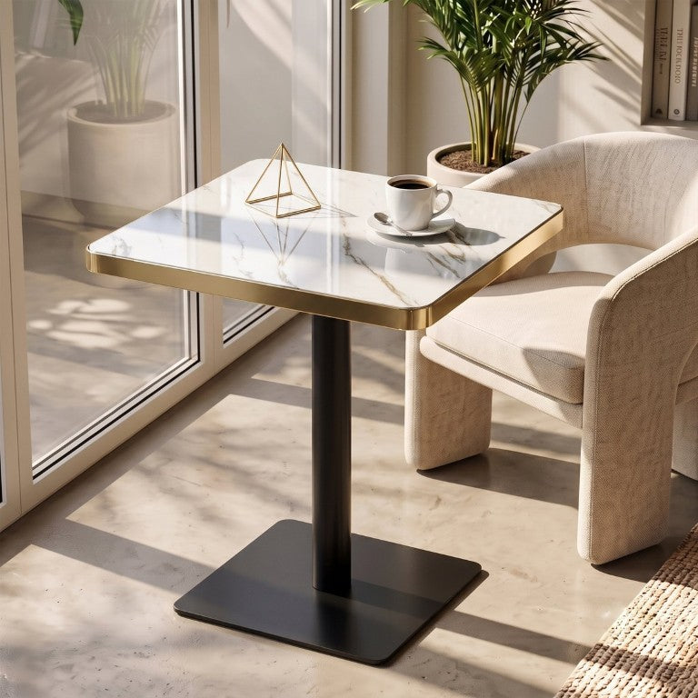 English Elm Modern Marble Look Square Bistro Table Gold Steel Edge Glossy Top for Small Spaces W2920P537006