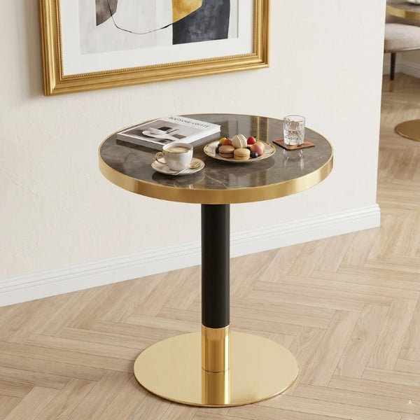 English Elm 23.6 Inch Round Marble Texture Dining Table with Steel Edge and Modern Metal Base Black+Grey, Gold W2920P542999