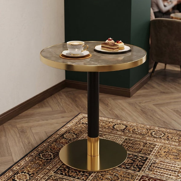 English Elm 23.6 Inch Round Marble Texture Dining Table with Steel Edge and Modern Metal Base Black+Grey, Gold W2920P542999