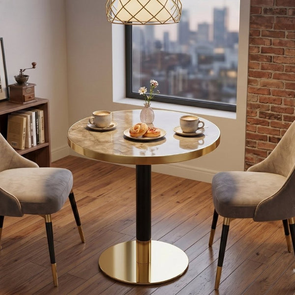 English Elm 23.6 Inch Round Marble Texture Dining Table with Steel Edge and Modern Metal Base Black+Grey, Gold W2920P542999